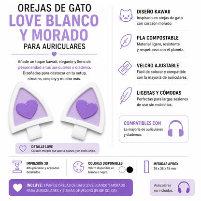 Orejas de gato love blanco y morado para auriculares